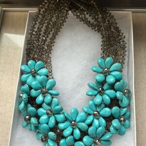 Vintage Anthropologie Turquoise and Silver Floral Necklace